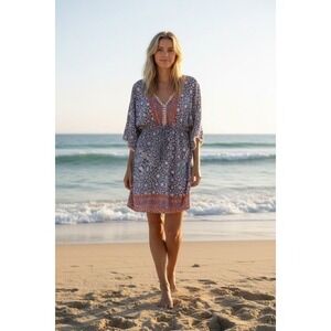 Passager Boho Beach Cover Up Dress EU 40 M Medallion Print Pom Trim